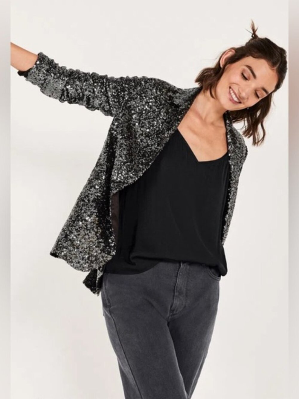 Gap Black Silver Open Front Long-sleeve Sequin Blazer